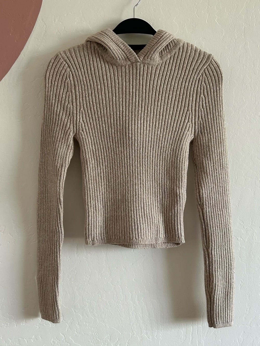 Aerie Ribbed Knit Hooded Sweater - Beige size Small